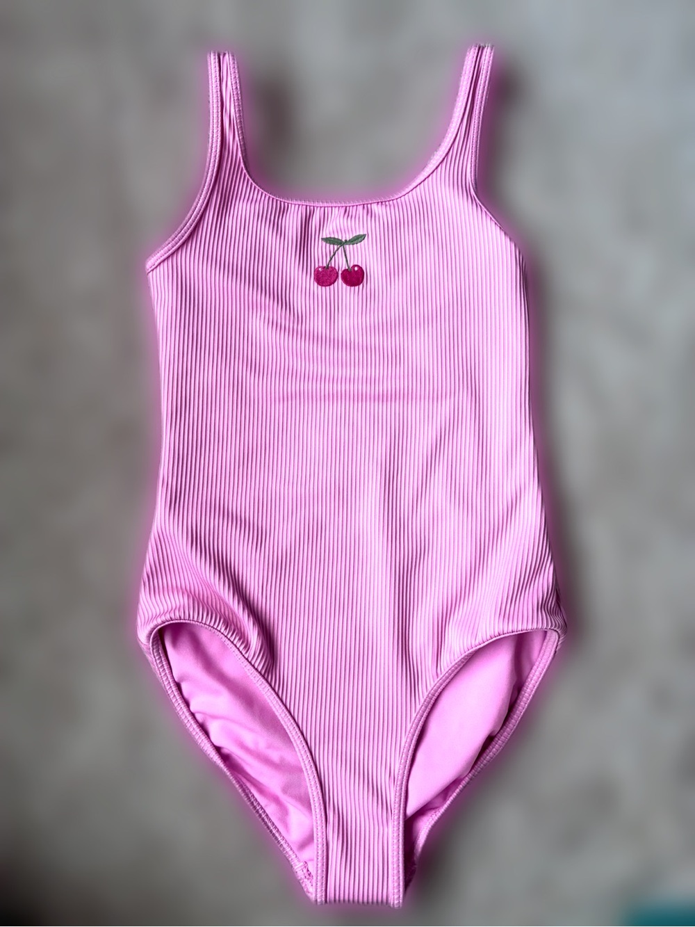 NWT Abercrombie Kids Pink Ribbed One-Piece Swimsuit with Cherry Embroidery